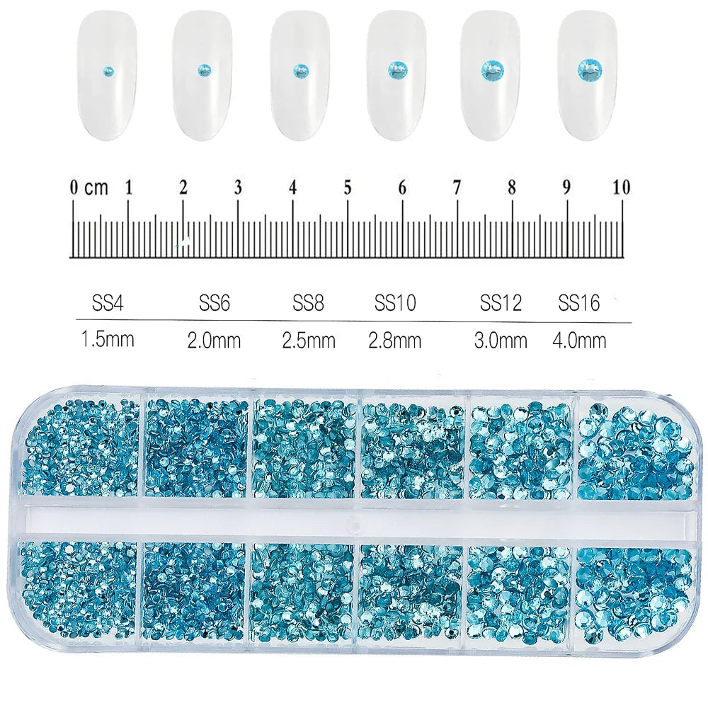 12-Grid 3D Glass AB Crystal Nail Art Rhinestones Kit – Flatback Round Beads with Tools for Nail Jewelry & Diamond Decoration