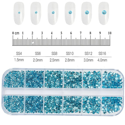 12-Grid 3D Glass AB Crystal Nail Art Rhinestones Kit – Flatback Round Beads with Tools for Nail Jewelry & Diamond Decoration