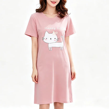 Women’s Cute Cat Nightgown - Plus Size Summer Cartoon Nightdress & Comfortable Sleepwear