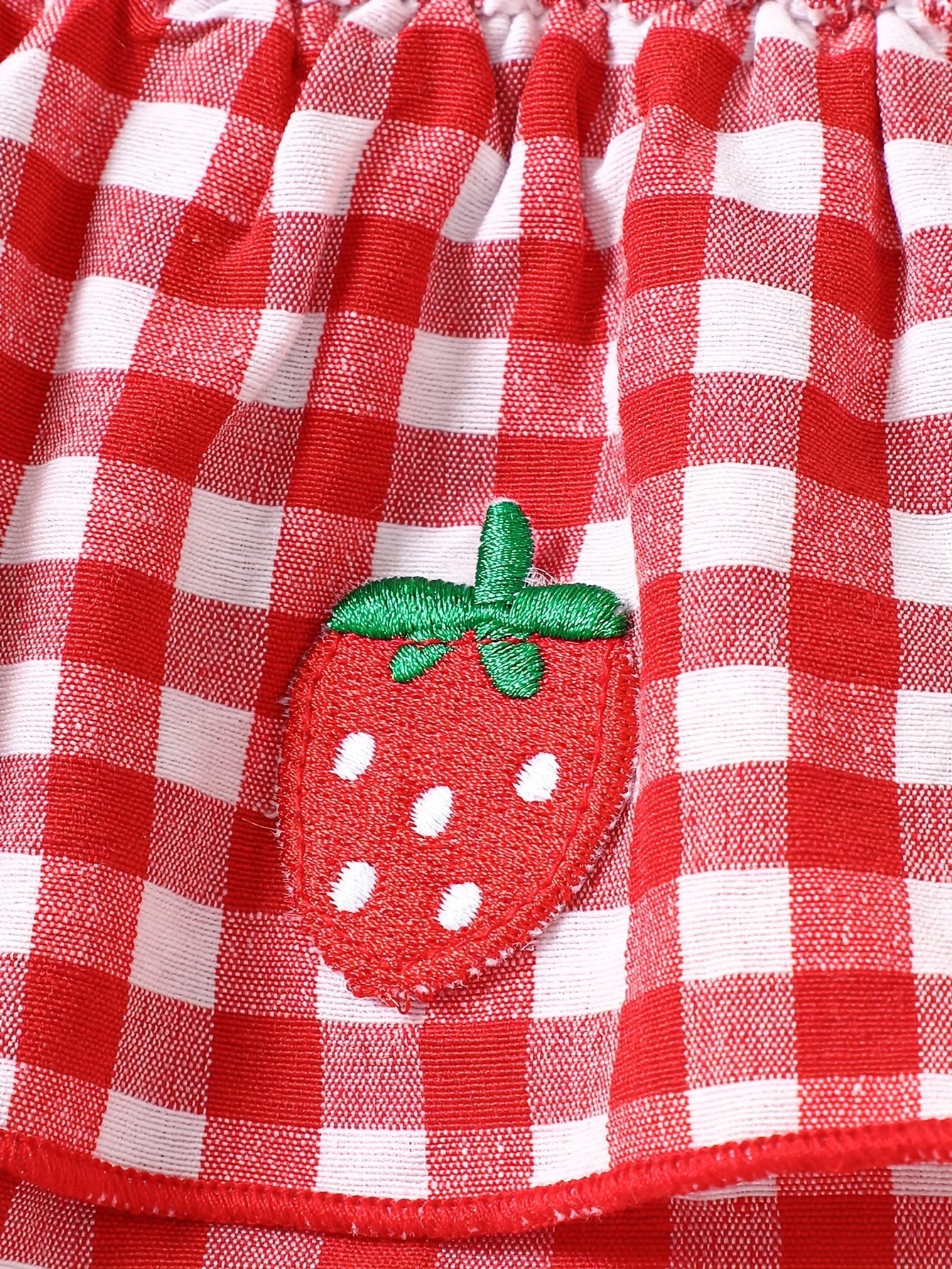 Baby Girl Strawberry Gingham Smocked Romper Dress – Tie-Strap Summer One-Piece with Stretchy Bodice & Layered Skirt