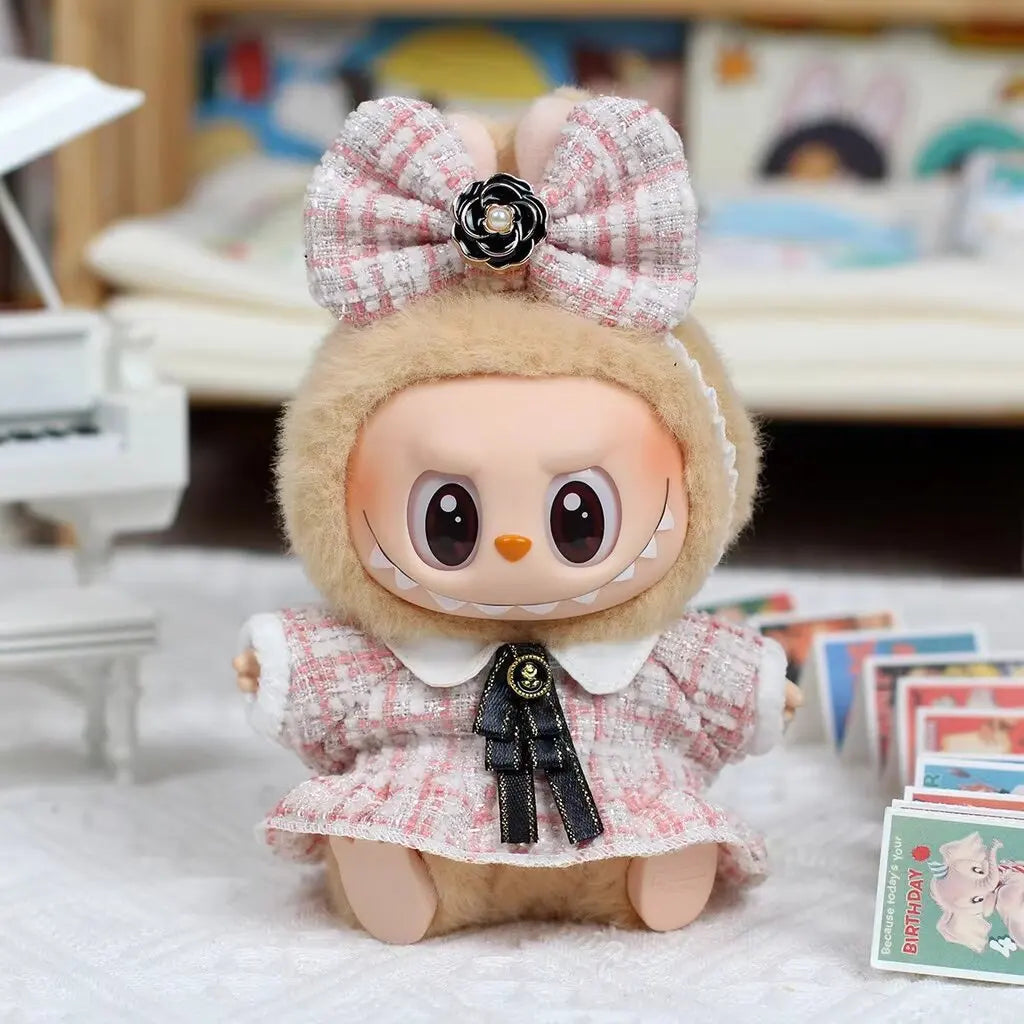Labubu Doll Clothes Outfit — Black & White Plaid Dress Set | Mini Doll Clothing Accessories | DIY Girl Gift