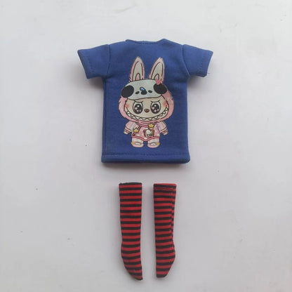 Handmade OB24 1/6 Blyth Doll Clothes – Cartoon T-Shirt with Striped Socks for 1/6 Doll Accessories