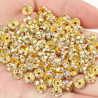 50PCS Rhinestone Spacer Beads Set – Multi-Color Crystal Rondelle Metal Beads for DIY Jewelry & Bracelet Making