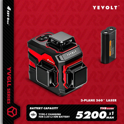 YEVOLT YVGLL4XS12 12-Line Green Laser Level – ±0.2mm/m Precision, IP54 Waterproof, Auto-Leveling with Slope Mode