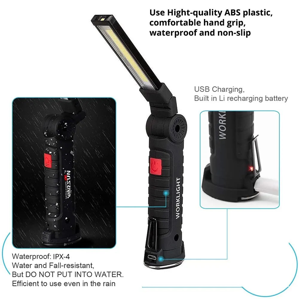 Rechargeable Camping LED Flashlight Work Light: IP64 Waterproof with Magnet and Hook - 5 Lighting Modes for Night Work