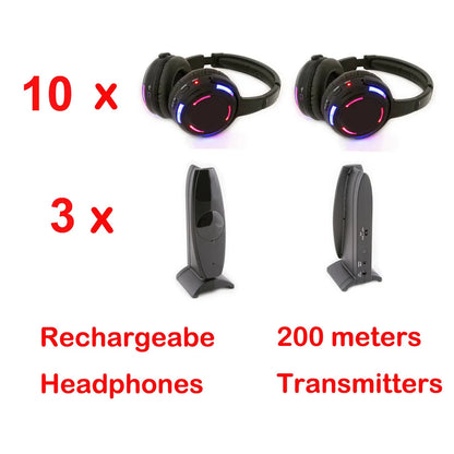 Silent Disco LED Headphones 10-Pack with 200m RF Wireless Transmitter – Party, DJ, Wedding, Club