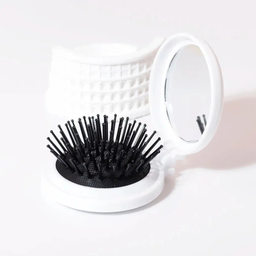 Mini Folding Head Massager & Mirror – Anti-Static Styling Comb for Wigs, Portable Travel Hair Brush