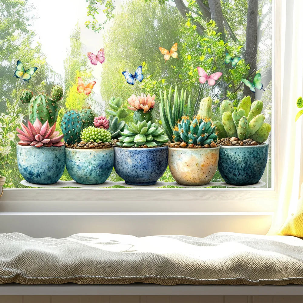 Succulent & Cactus Window Clings - Removable Potted Plant and Butterfly Wall Stickers