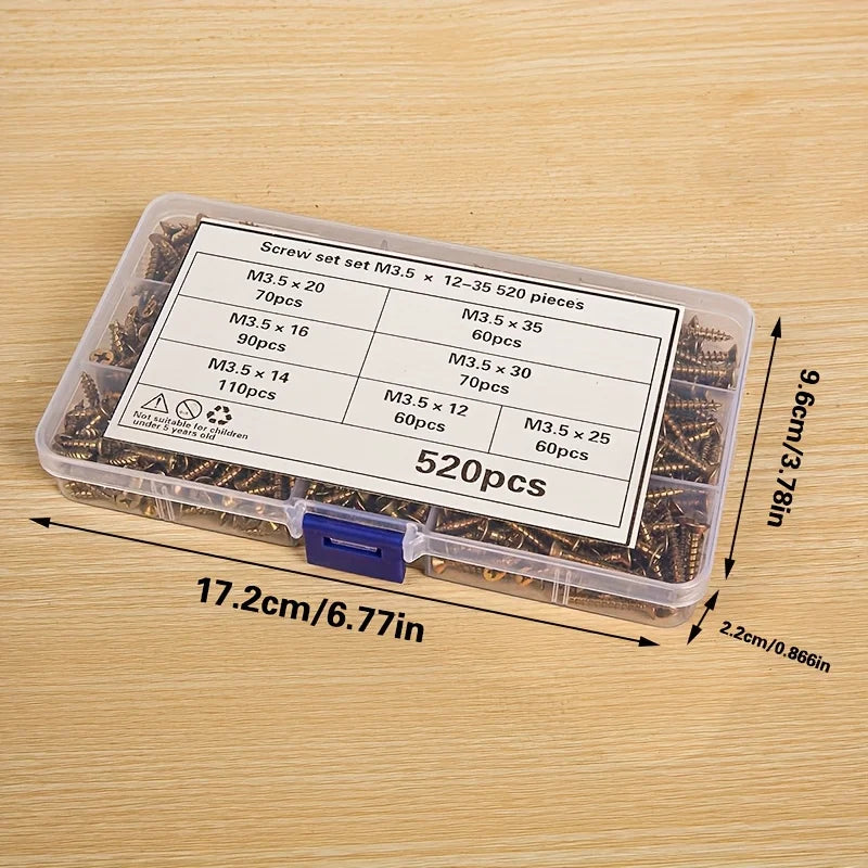520-Piece Countersunk Self-Tapping Screws Set - M3.5 Colorful Phillips Head Screws for Home, Furniture & Industrial Use