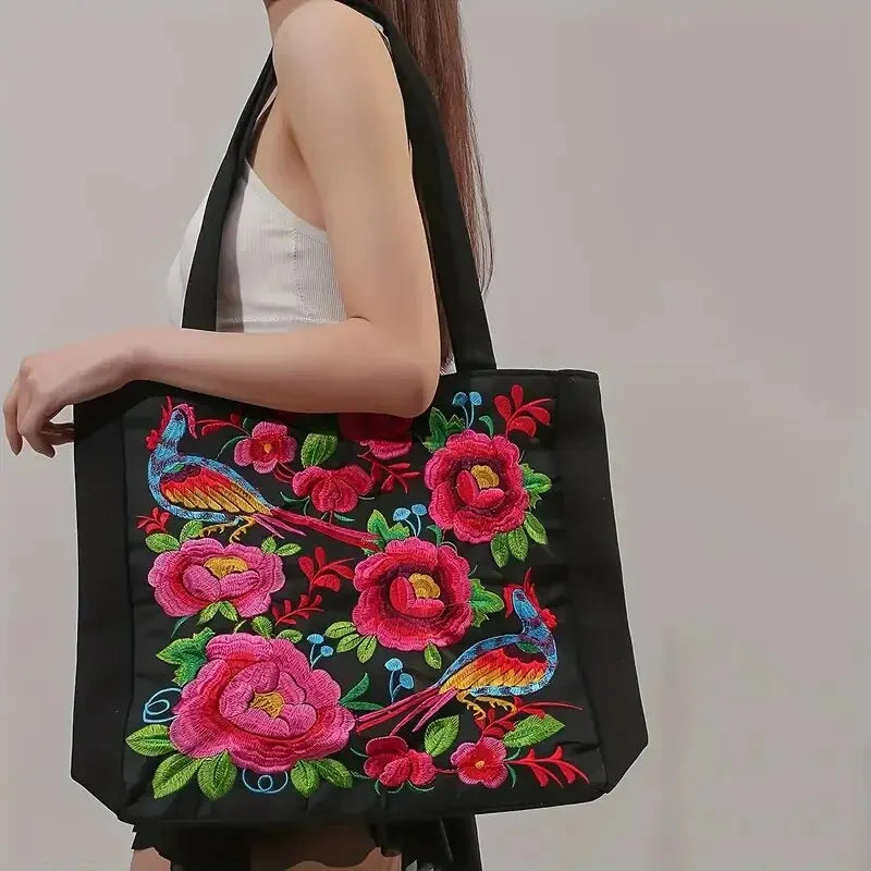 Ethnic Style Flower Embroidery Canvas Tote - Large Capacity Shoulder Bag Handbag for Women
