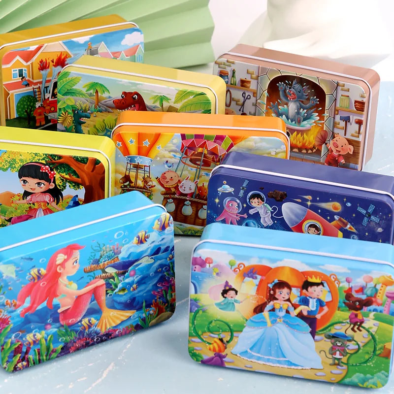60PCS Cartoon Jigsaw Puzzle with Metal Box – Kids Educational Animal & Vehicle Puzzle Game