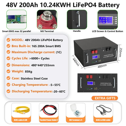 48V LiFePO4 Battery Pack — 100Ah/150Ah/200Ah 51.2V 10KW Rechargeable Lithium Solar Battery with 6000+ Cycles for Home Storage
