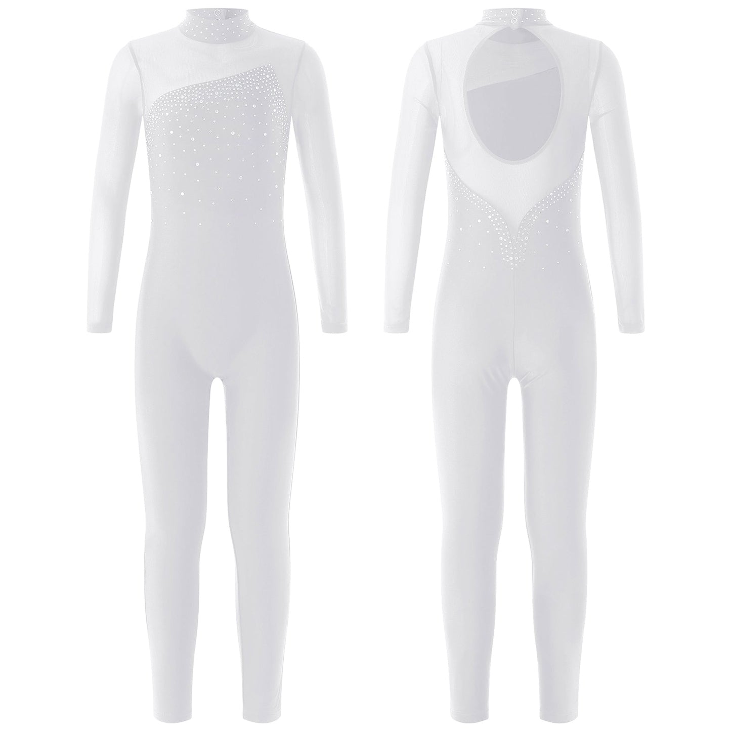 Kids Girls Long Sleeve Rhinestone Bodysuit — Full Body Dancewear Gymnastics Leotard Skating Jumpsuit