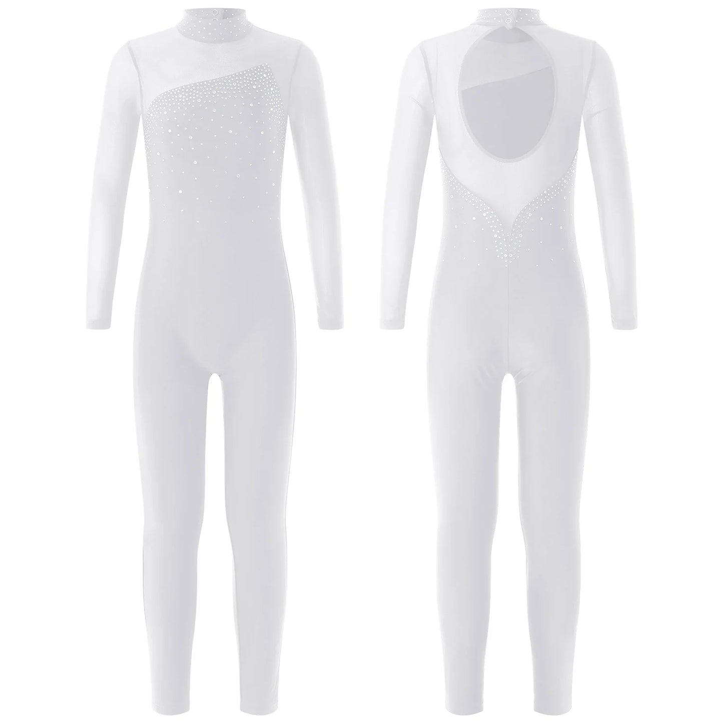 Kids Girls Long Sleeve Rhinestone Bodysuit — Full Body Dancewear Gymnastics Leotard Skating Jumpsuit