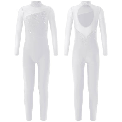 Kids Girls Long Sleeve Rhinestone Bodysuit — Full Body Dancewear Gymnastics Leotard Skating Jumpsuit
