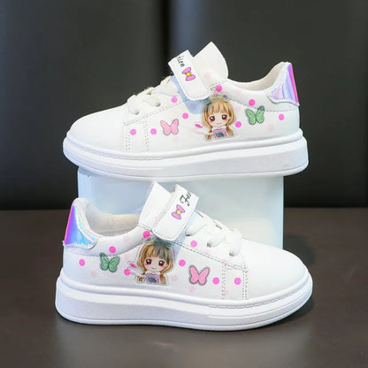 Kids White Leather Sneakers - Casual Spring Shoes for Girls, Soft Board-Style Footwear
