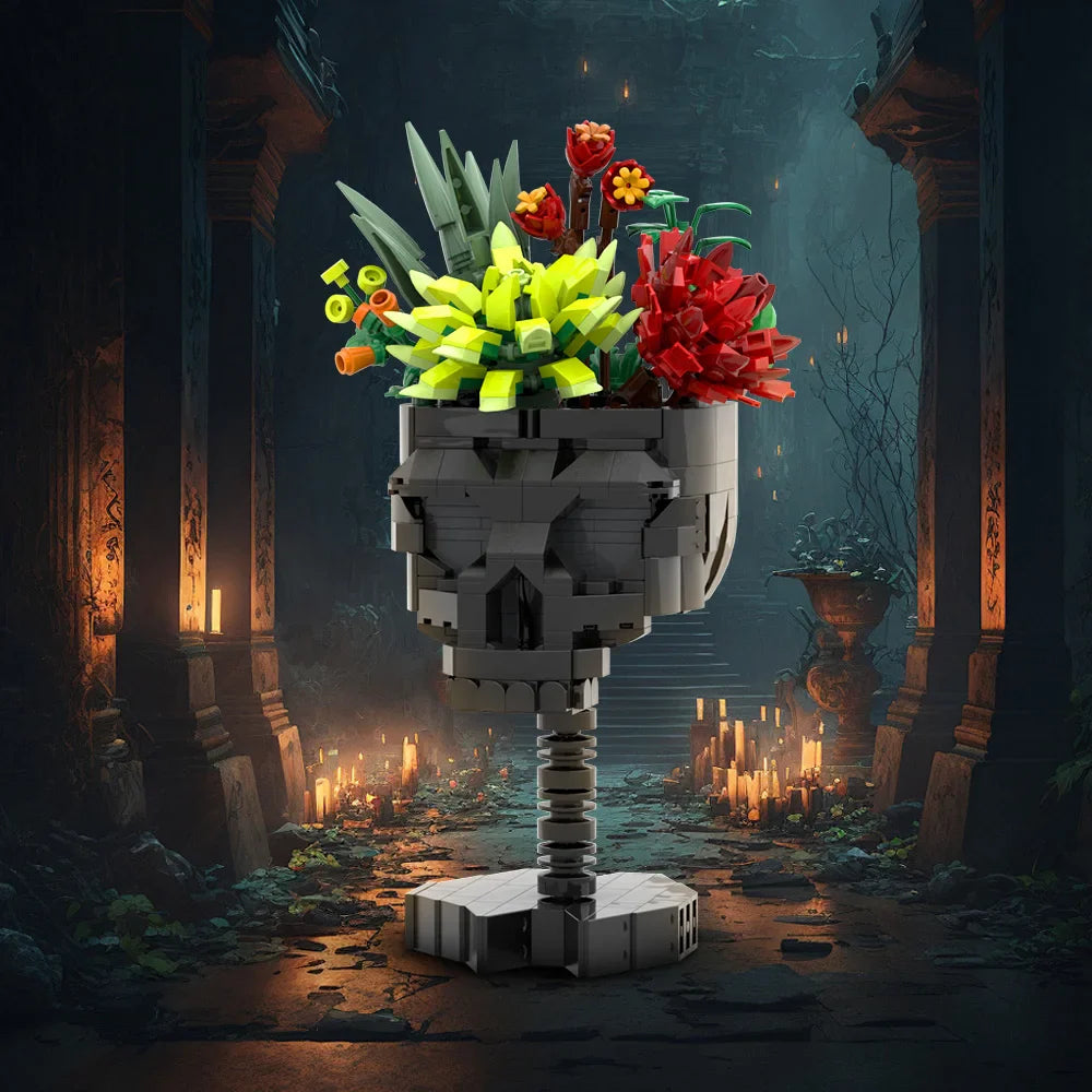 MOC Skull & Roses Bouquet Building Blocks — Gothic Crow Flower Pot DIY Toy for Kids & Gifts