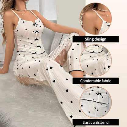 2-Piece Women’s Sexy Mesh Lace Pajama Set – Transparent Ribbed Strap Top & Pants Lounge Sleepwear