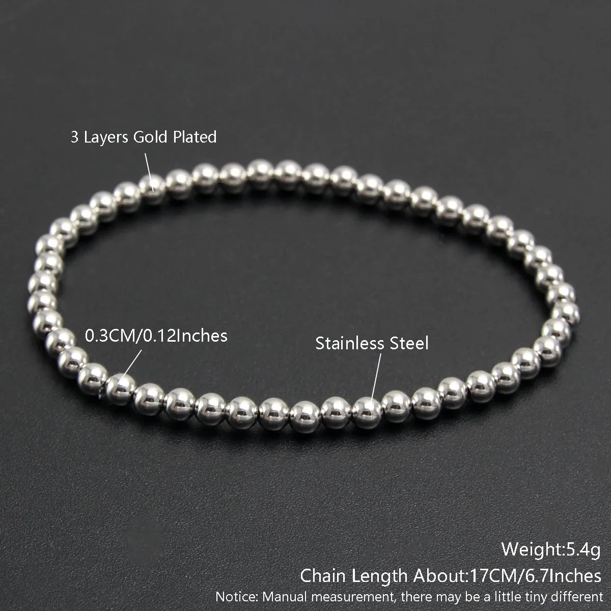 MHS.SUN Trendy Stainless Steel Stretch Bracelet — Gold & Silver Beaded 2mm/5mm/8mm for Men & Women