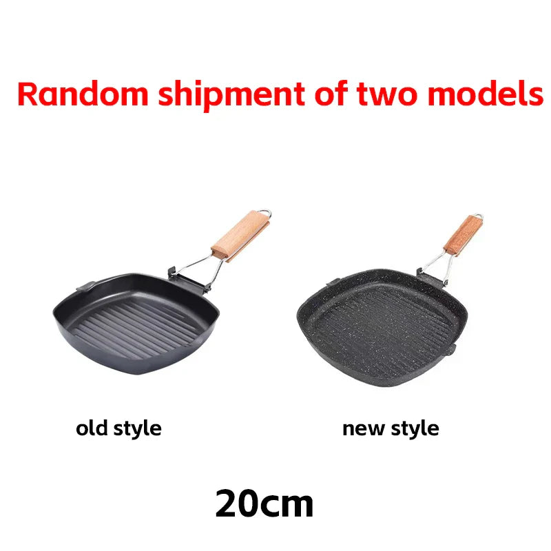 Foldable Portable Grill Pan – Double-Mouth Steak Pan with Anti-Scald Wooden Handle for Outdoor Cooking