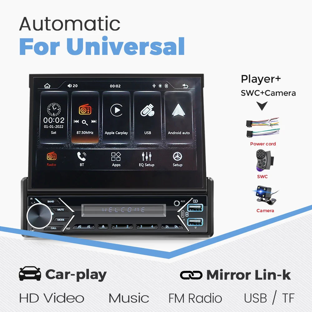 Carplay Android Auto 1 Din MP5 Player - 7 Inch Retractable Touch Screen, FM Radio, Mirror Link, Manual & Automatic Car Player