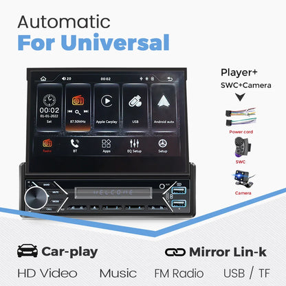 Carplay Android Auto 1 Din MP5 Player - 7 Inch Retractable Touch Screen, FM Radio, Mirror Link, Manual & Automatic Car Player
