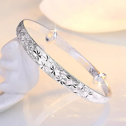 Women’s 925 Sterling Silver Open Cuff Bangle – Adjustable Charm Bracelet for Wedding Party Fashion Jewelry
