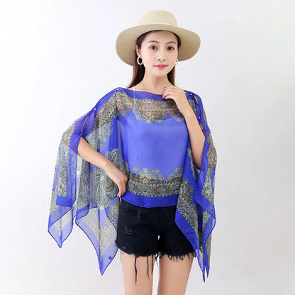 Women’s Summer Beach Shawl – Loose Chiffon Bikini Cover-Up Blouse with Buttons Sun Protection Scarf