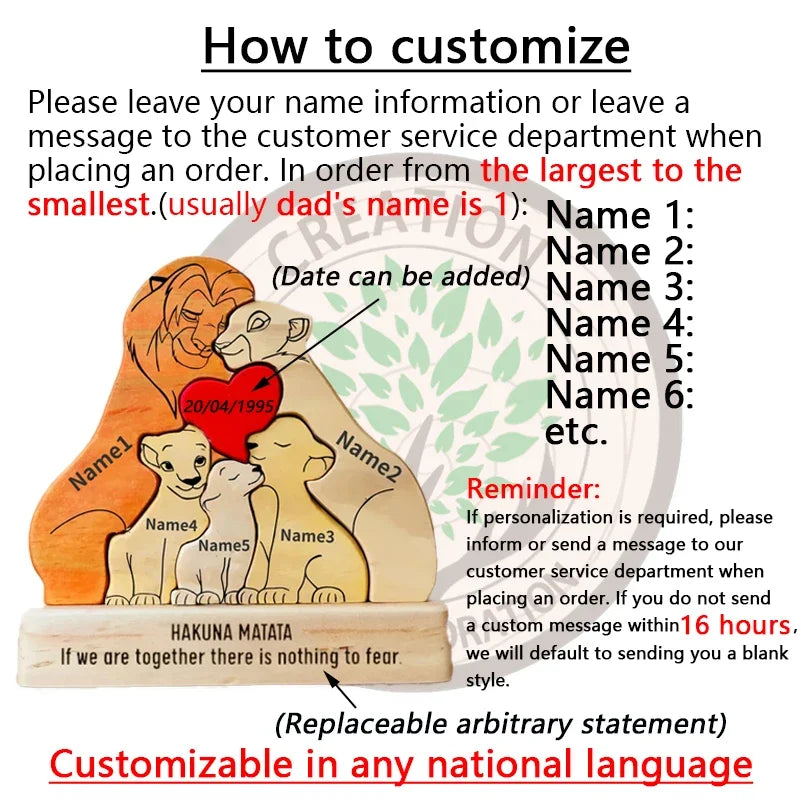Personalized Wooden Lion Family Puzzle — Custom Name Art Puzzle for Home Decor, Anniversary & Warm Family Gift Keepsake