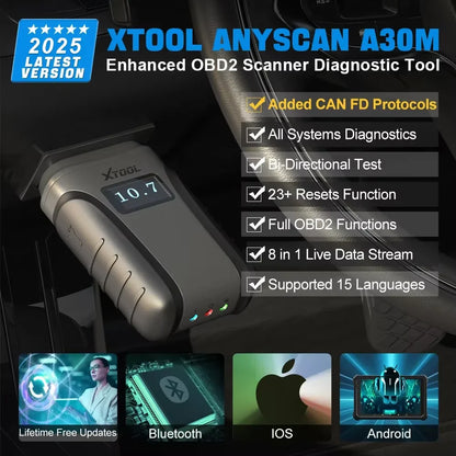 XTOOL Anyscan A30M Bluetooth OBD2 Scanner – Car Diagnostic Tool, 23+ Reset Services, CANFD Protocol, Lifetime Free Updates