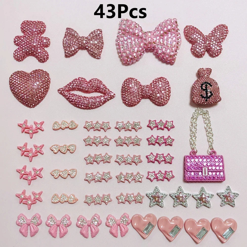 43PCS Luxury Charm Set — Diamond Bow, Perfume Bottle, Butterfly & Lip Decorations for Phone Case, Purse, and DIY Crafts