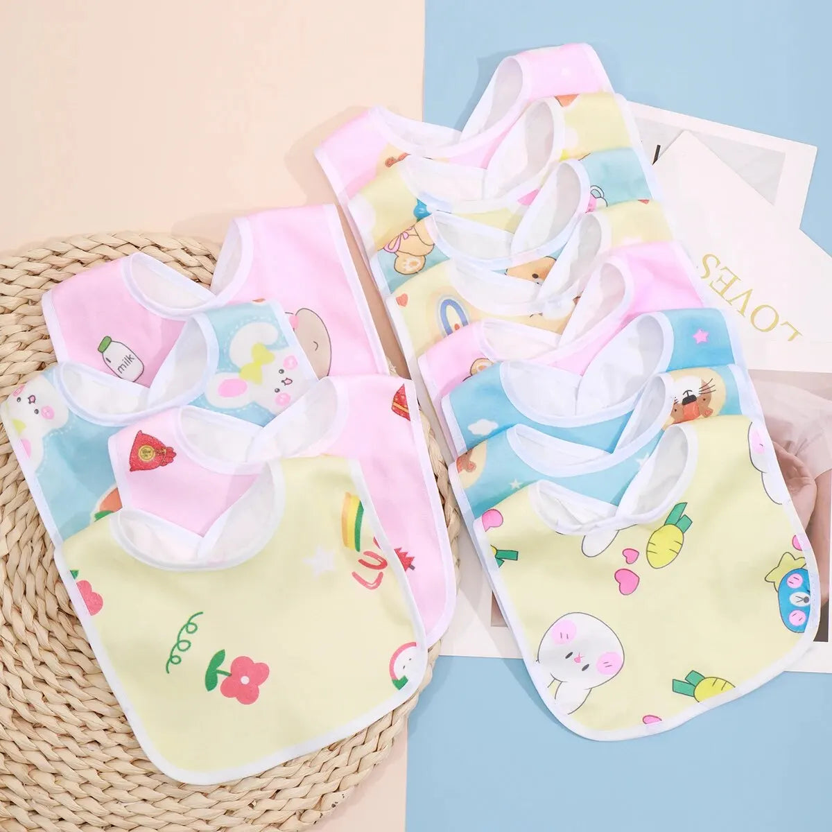 5PCS Baby Cartoon Snap Bibs - Super Soft Waterproof Crystal Velvet Newborn Feeding & Saliva Towels