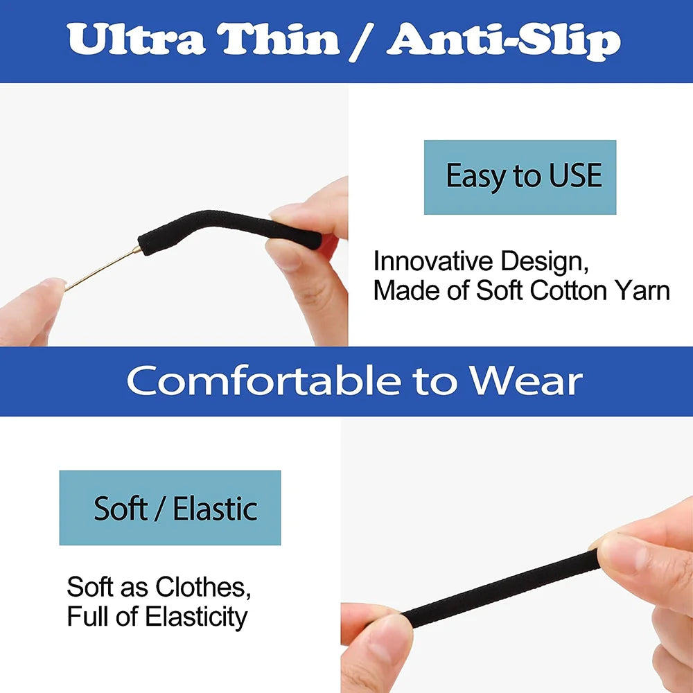 Anti-Slip Eyeglass Temple Tips – Soft Cotton Fabric Cushion Sleeve for Comfortable Frame & Ear Support