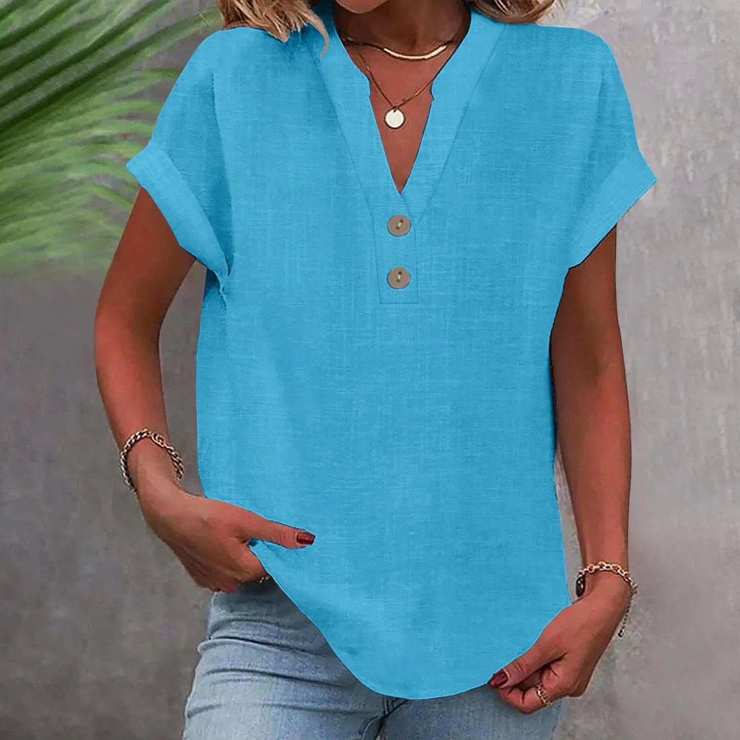 Women’s Summer Cotton Linen V-Neck Button Down Shirt – Breathable Casual Office Top in Solid Colors