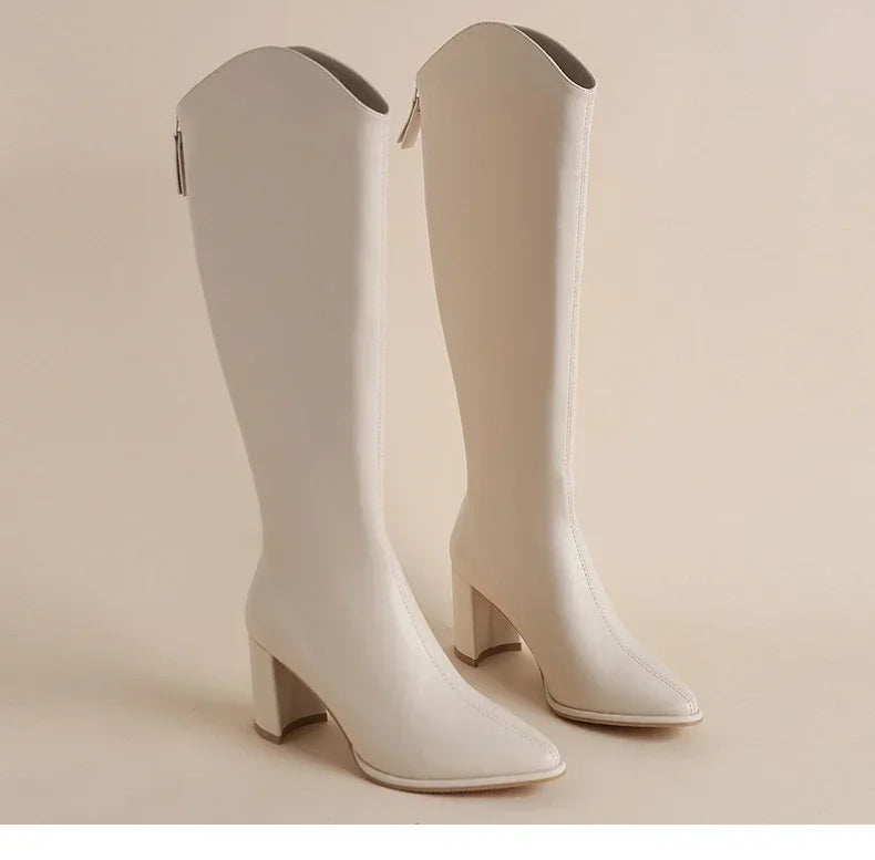 Plus Size 34-43 Women's Knee-High Boots – Zipper Thick High Heels for Autumn & Winter
