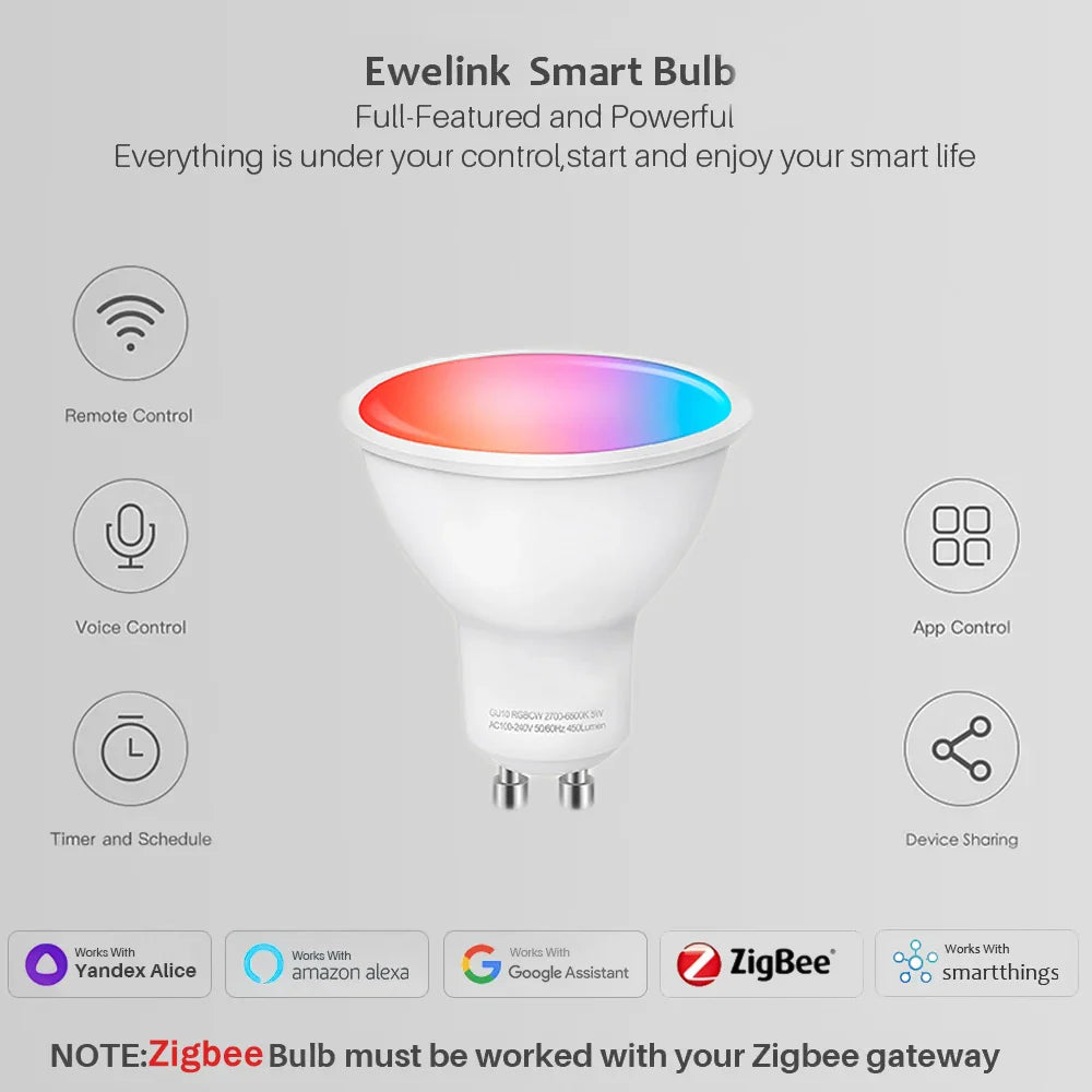 Ewelink GU10 Zigbee Smart LED Bulbs | WiFi RGB CW WW Light Bulb | Works with Alexa, Google, Yandex, SmartThings