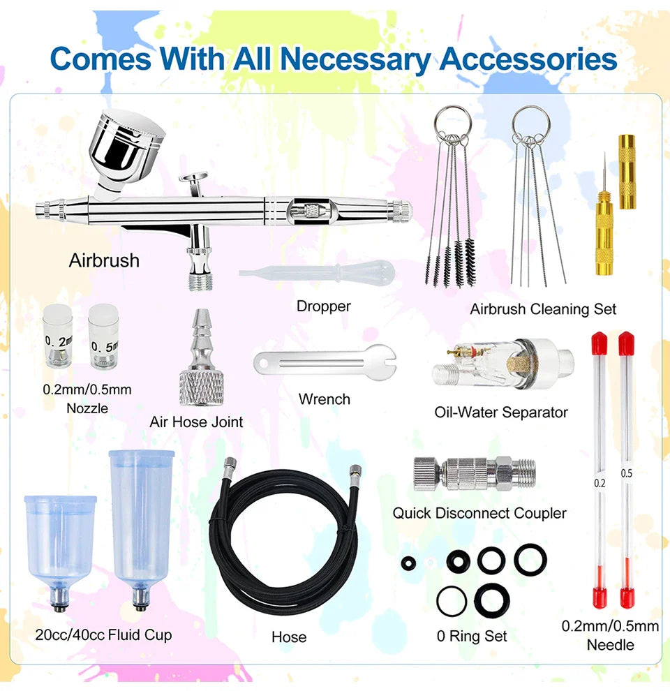 Dual-Action Gravity Airbrush Kit with 0.2/0.3/0.5mm Needles, 7/20/40cc Cups & Cleaning Tools for Makeup, Nail Art, Painting & Car Detailing