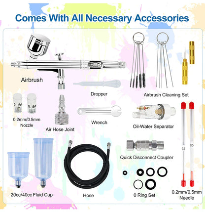 Dual-Action Gravity Airbrush Kit with 0.2/0.3/0.5mm Needles, 7/20/40cc Cups & Cleaning Tools for Makeup, Nail Art, Painting & Car Detailing