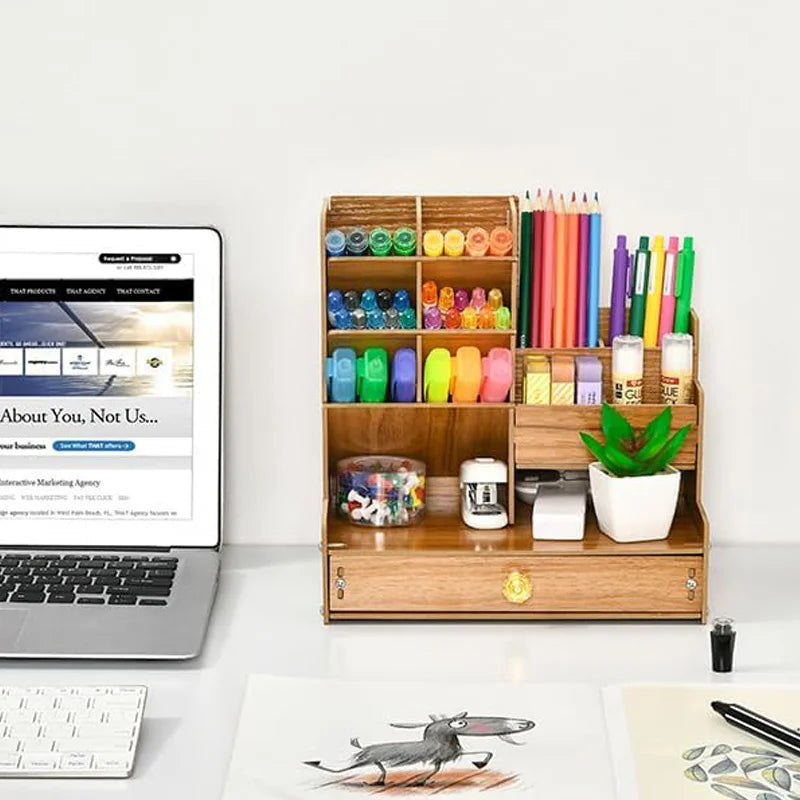 Wooden Desk Organizer DIY, Large Capacity Pen Holder with Drawer, Desktop Tidy and Stationery Storage Box for Home, Office, and School