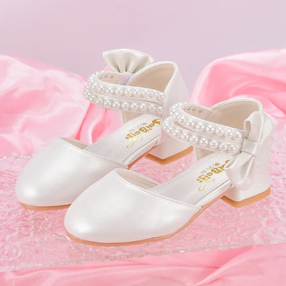 Girls’ Princess High-Heel Shoes - White Pearl Dress Shoes for Big Kids, Spring/Summer Style