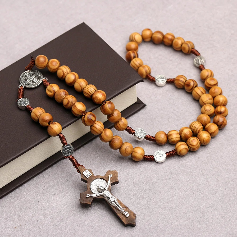 10MM Wood Bead Rosary Cross Necklace – Christian Virgin Mary INRI Pendant Chain for Men & Women Religious Jewelry