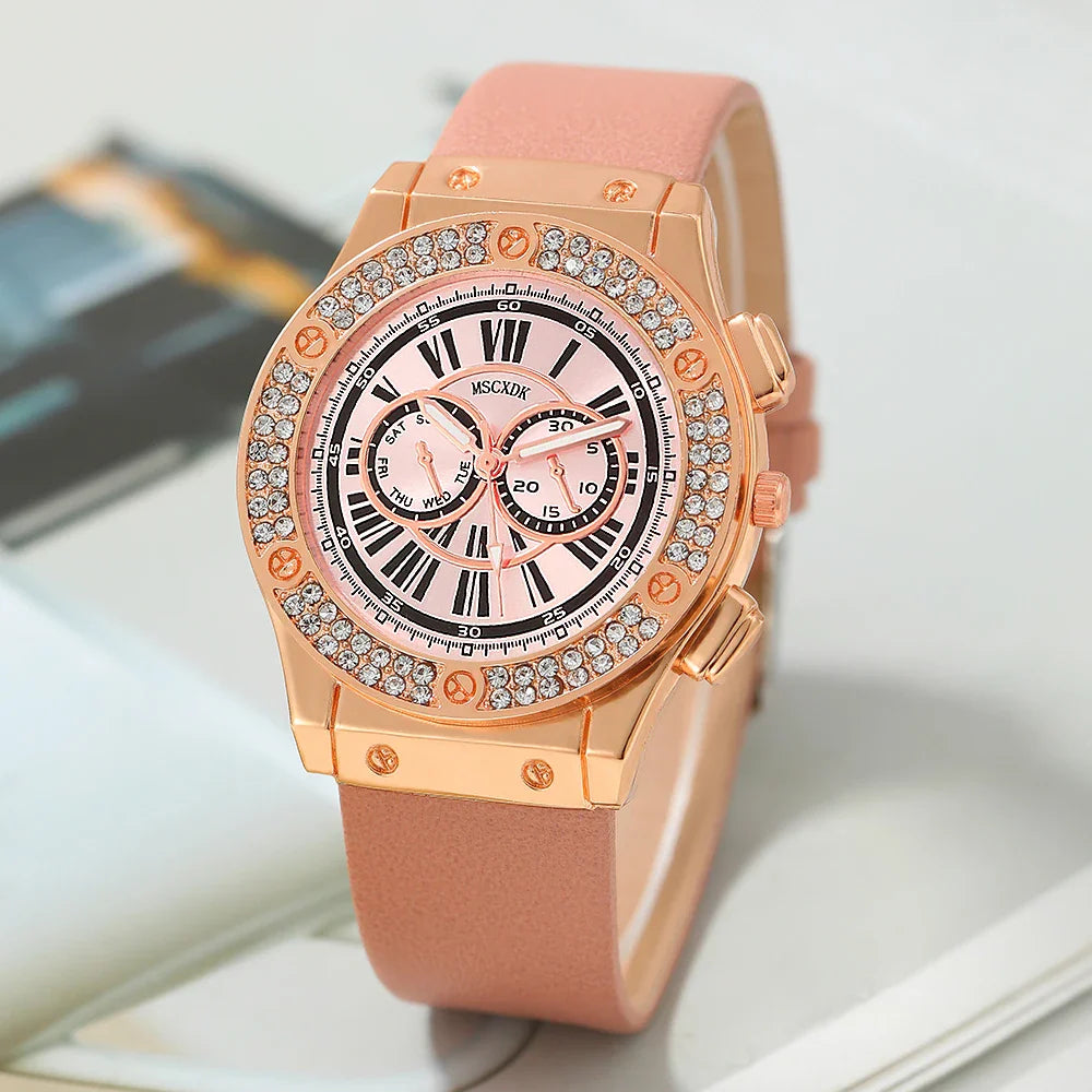 3PCS Women’s Casual Leather Watch Set – Quartz Wristwatch, Heart Bow Wallet, Glasses & Sunglasses Clock Montre Femme
