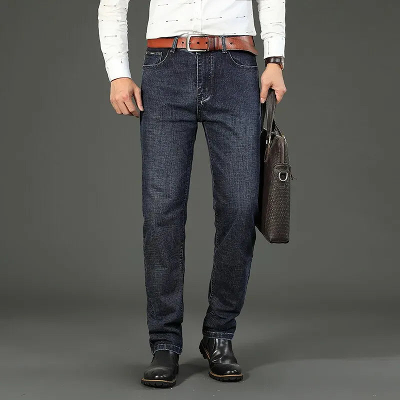 Men's Classic Stretch Jeans - Business Casual Straight Leg Denim Work Trousers in Blue & Black