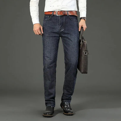 Men's Classic Stretch Jeans - Business Casual Straight Leg Denim Work Trousers in Blue & Black