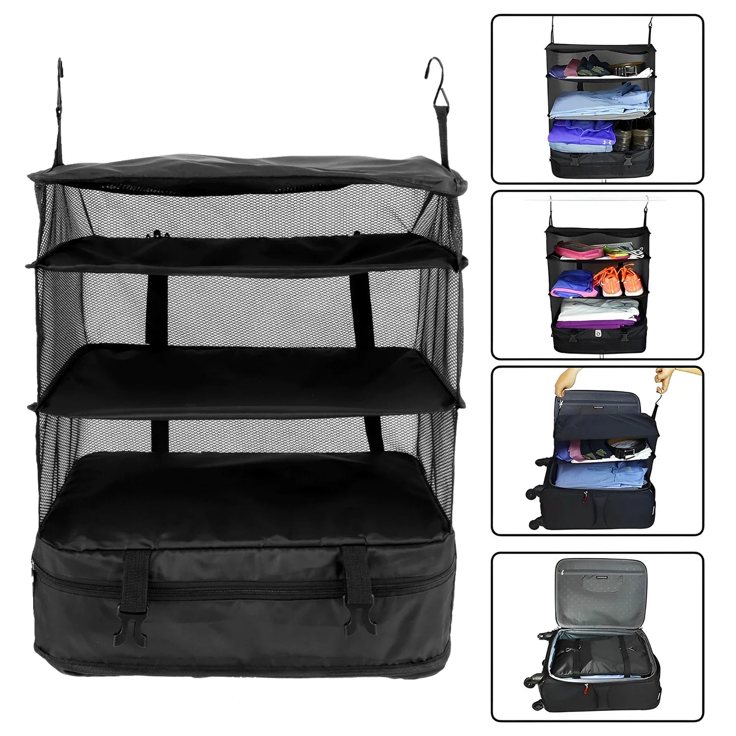 Portable Travel Luggage Organizer – 3-Shelf Collapsible Hanging Closet & Packing Cube Storage Bag