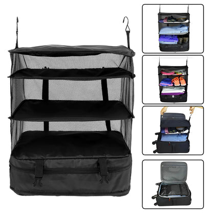 Portable Travel Luggage Organizer – 3-Shelf Collapsible Hanging Closet & Packing Cube Storage Bag