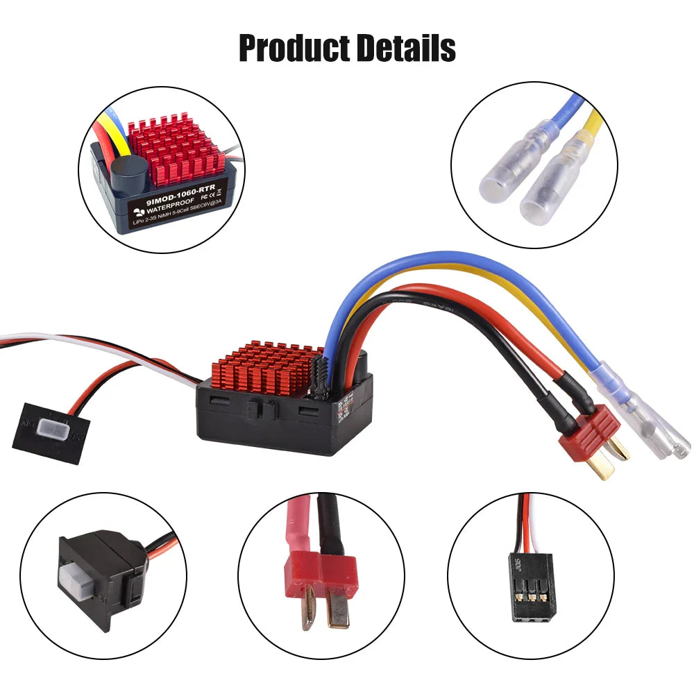 9IMOD 1060 RTR 60A Brushed ESC — Waterproof Electronic Speed Controller 2-3S LiPo with 6V3A BEC for 1/10 Axial SCX10, TRX4, TRX6, D90, HPI
