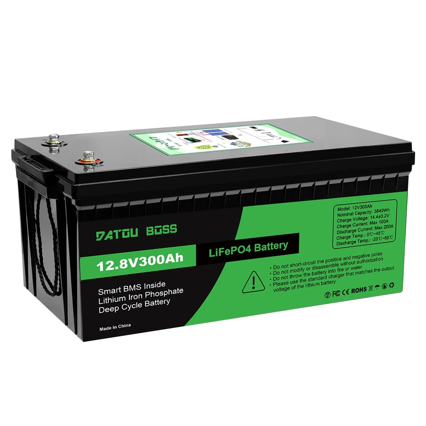 DATOUBOSS 12V 100Ah LiFePO4 Battery — 1280Wh Lithium Battery with 100A BMS, 8000-15000 Deep Cycles, Series/Parallel Support