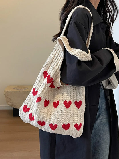 Heart Pattern Color-Block Crochet Handbag – Large Capacity Shoulder Beach & Commute Tote Bag, Fashion Versatile Daily Carry Bag