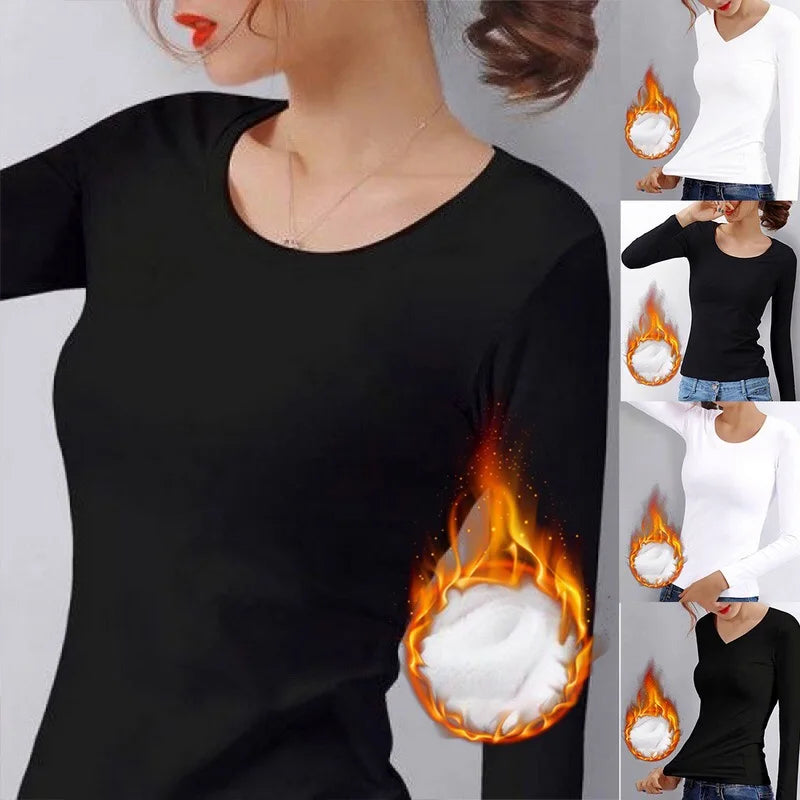 Women’s Thermal Velvet Long Sleeve Shirt - O Neck Slim Fit Cropped Bottoming Top for Winter Warmth